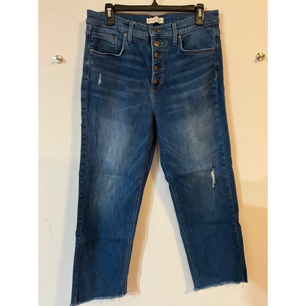 Whetherly High Rise Straight Leg Jeans Medium Wash Button Fly Raw Hem Size 32